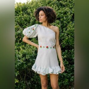 Fanm Mon Flame One Shoulder Embroidered Mini Dress Linen Size L